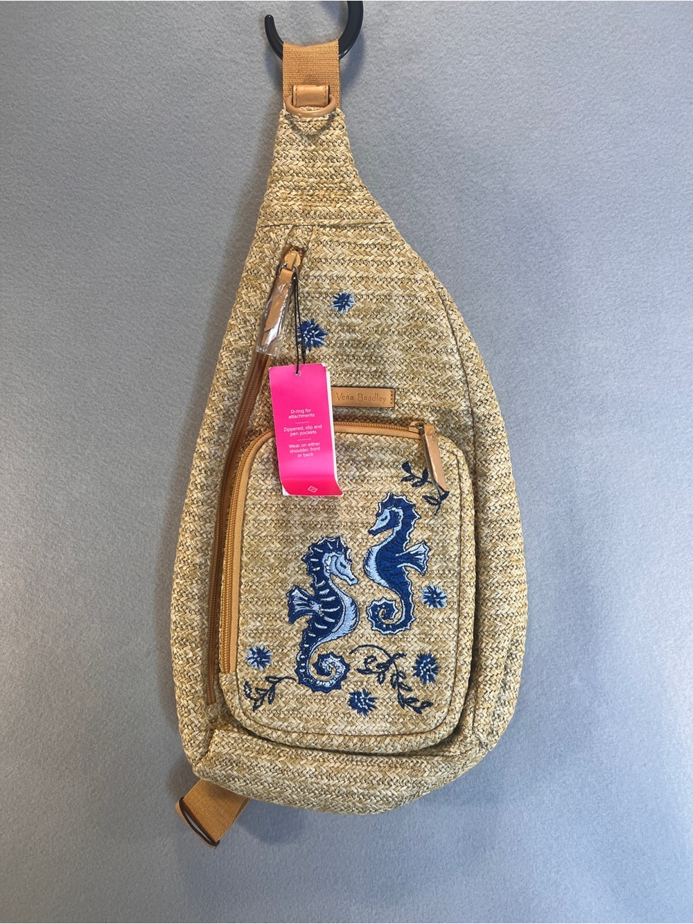 Vera Bradley Straw Sling Backpack Natural Sea Life Blue Seahorses Coastal NWT